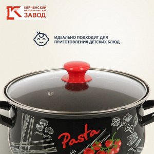 Кастрюля эмалированная сталь, 4 л, крышка стекло, с декором, сферический, Керченский металлургический завод, Болоньезе, 61915-143