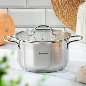 Кастрюля нержавеющая сталь, 3.6 л, с крышкой, крышка стекло, Daniks, Нолан, GS-01363-20CA, индукция