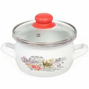Кастрюля эмалированная сталь, 1.5 л, крышка стекло, сферический, Сантэкс, Прованс, 1-2415112, индукция