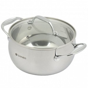Кастрюля нержавеющая сталь, 2.3 л, с крышкой, крышка стекло, Daniks, Manola, CW-T078-18, индукция