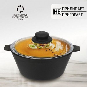 Кастрюля чугун, 2.5 л, с крышкой, крышка стекло, Камская посуда, ка27, черная, индукция