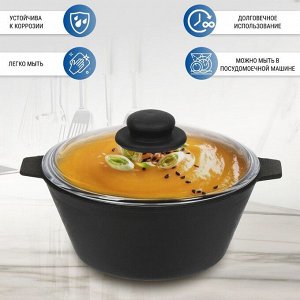 Кастрюля чугун, 2.5 л, с крышкой, крышка стекло, Камская посуда, ка27, черная, индукция