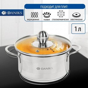 Кастрюля нержавеющая сталь, 1 л, крышка стекло, Daniks, GS-01311-14CA/SD-514, индукция