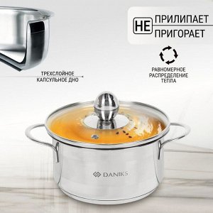 Кастрюля нержавеющая сталь, 1 л, крышка стекло, Daniks, GS-01311-14CA/SD-514, индукция