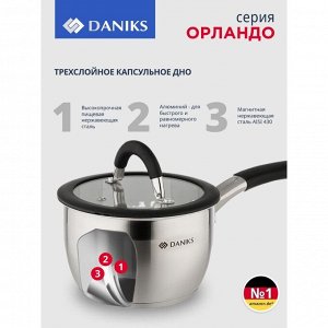 Ковш нержавеющая сталь, 1.9 л, крышка стекло, силиконовая ручка, индукция, Daniks, Орландо, GS-01435-16S