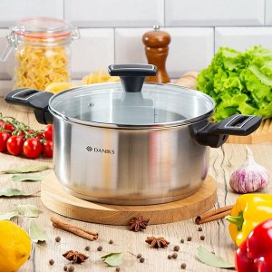 Кастрюля нержавеющая сталь, 4.1 л, крышка стекло, Daniks, Айленд, SD-23-22, индукция
