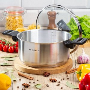 Кастрюля нержавеющая сталь, 4.1 л, крышка стекло, Daniks, Айленд, SD-23-22, индукция