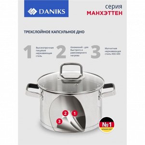 Кастрюля нержавеющая сталь, 4.75 л, с крышкой, крышка стекло, Daniks, Манхэттен, M-461-22, индукция