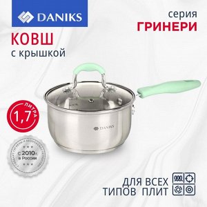 Ковш нержавеющая сталь, 1.7 л, крышка стекло, силиконовая ручка, индукция, Daniks, Гринери, SD-23-16SP, мятный
