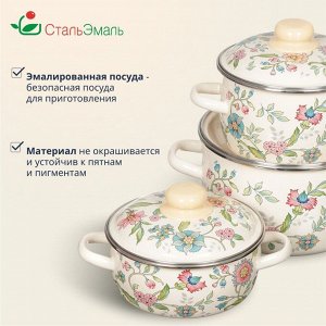 Набор посуды эмалированная сталь, 6 предметов, кастрюли 1.5,2,4 л, индукция, СтальЭмаль, Луговые цветы, 3КА071М