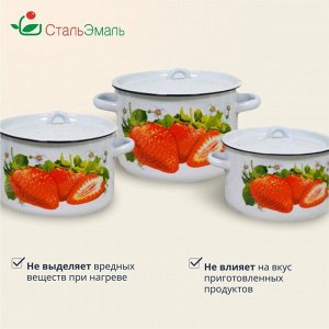 Набор посуды эмалированная сталь, 3 предмета, кастрюли 1.5,2.9,4.5 л, индукция, СтальЭмаль, Клубника садовая, 1с33