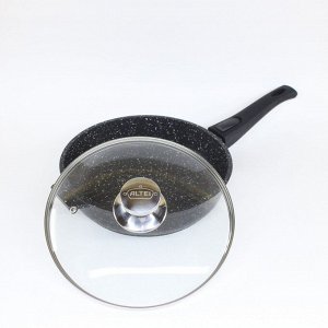 Сковорода литой алюминий, 26 см, антипригарное покрытие, Алтей, Granit Perfection black, с крышкой, съемная ручка, 02-2650-110