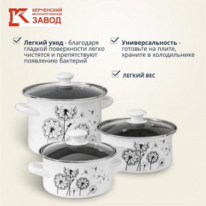 Набор посуды эмалированная сталь, 6 предметов, кастрюли 1.9,2.5,5 л, индукция, Керченский металлургический завод, Адажио 5-1 Люкс, белый