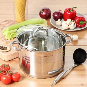 Кастрюля нержавеющая сталь, 9 л, с крышкой, крышка стекло, Daniks, Общепит, SD-6BP-9, индукция