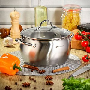 Кастрюля нержавеющая сталь, 6.5 л, с крышкой, крышка стекло, Daniks, Эмилия, CW-W075-24, индукция