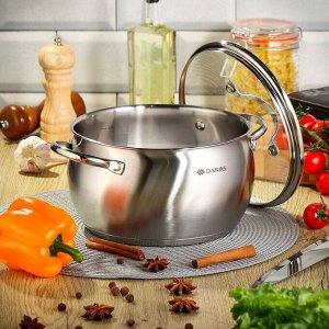 Кастрюля нержавеющая сталь, 6.5 л, с крышкой, крышка стекло, Daniks, Эмилия, CW-W075-24, индукция