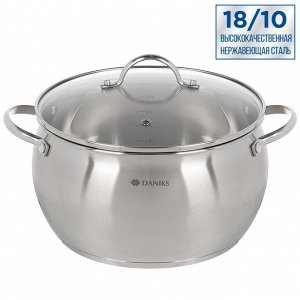 Кастрюля нержавеющая сталь, 6.5 л, с крышкой, крышка стекло, Daniks, Эмилия, CW-W075-24, индукция