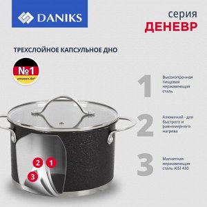 Кастрюля нержавеющая сталь, 9 л, с крышкой, крышка стекло, Daniks, Общепит, SD-6BP-9, индукция