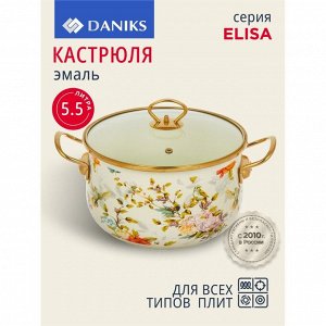 Кастрюля эмалированная сталь, 5.5 л, крышка стекло, Daniks, Elisa, Y4-8962, индукция