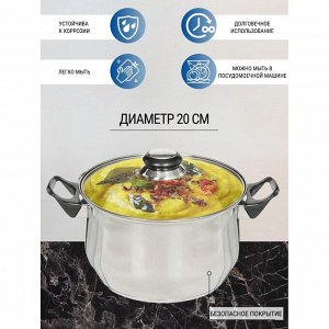 Кастрюля нержавеющая сталь, 3.8 л, с крышкой, крышка стекло, DNN1, SD-A19-20/SD-A19-6-20