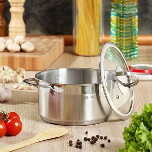 Кастрюля нержавеющая сталь, 2.5 л, крышка стекло, Daniks, Бонн, GS-01319-18CA, индукция