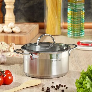 Кастрюля нержавеющая сталь, 2.5 л, крышка стекло, Daniks, Бонн, GS-01319-18CA, индукция