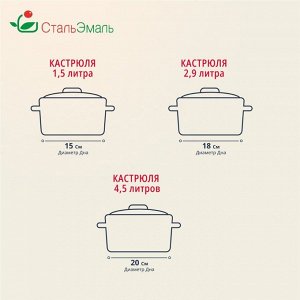 Набор посуды эмалированная сталь, 3 предмета, кастрюли 1.5,2.9,4.5 л, индукция, СтальЭмаль, Смак, 1с144