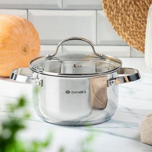 Кастрюля нержавеющая сталь, 2.6 л, с крышкой, крышка стекло, Daniks, Элегант, GS-01338-18CA-2, индукция