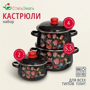 Набор посуды эмалированная сталь, 6 предметов, кастрюли 2,4,5.5 л, индукция, СтальЭмаль, Букет тюльпанов, 1с408