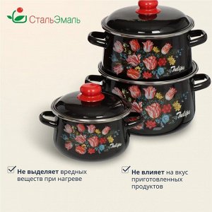 Набор посуды эмалированная сталь, 6 предметов, кастрюли 2,4,5.5 л, индукция, СтальЭмаль, Букет тюльпанов, 1с408
