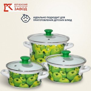 Набор посуды эмалированная сталь, 6 предметов, кастрюли 1.5,2.3,5 л, Керченский металлургический завод, Поздние яблоки 5-1-Экстра, белый