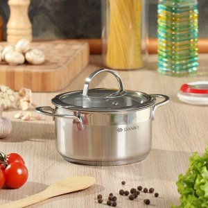 Кастрюля нержавеющая сталь, 1.8 л, крышка стекло, Daniks, Бонн, GS-01319-16CA, индукция