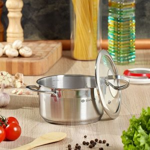 Кастрюля нержавеющая сталь, 1.8 л, крышка стекло, Daniks, Бонн, GS-01319-16CA, индукция
