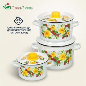 Набор посуды эмалированная сталь, 3 предмета, кастрюли 1.5,2.9,4.5 л, индукция, СтальЭмаль, Земляника, 1с144