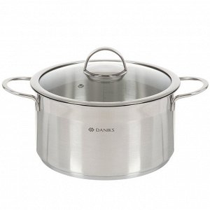 Кастрюля нержавеющая сталь, 5.8 л, крышка стекло, Daniks, Бонн, GS-01319-24CA, индукция