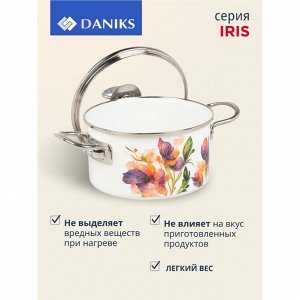 Кастрюля эмалированная сталь, 2 л, крышка стекло, цилиндрическая, Daniks, Iris, Y4-9062, индукция