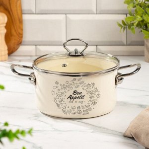 Кастрюля эмалированная сталь, 3 л, крышка стекло, цилиндрическая, Daniks, Bon Appetit, Y4-9059, индукция
