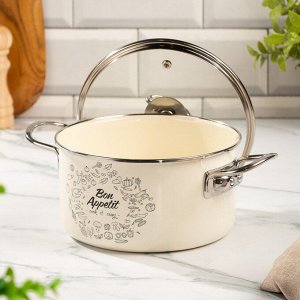 Кастрюля эмалированная сталь, 3 л, крышка стекло, цилиндрическая, Daniks, Bon Appetit, Y4-9059, индукция