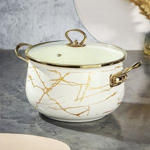 Кастрюля эмалированная сталь, 5.5 л, крышка стекло, Daniks, Белый мрамор, Y4-8966, индукция