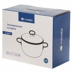 Кастрюля эмалированная сталь, 5.5 л, крышка стекло, Daniks, Белый мрамор, Y4-8966, индукция