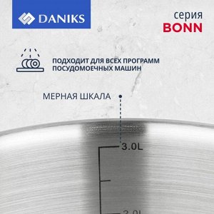 Кастрюля нержавеющая сталь, 3.4 л, крышка стекло, Daniks, Бонн, GS-01319-20CA, индукция
