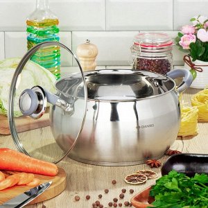 Кастрюля нержавеющая сталь, 6.5 л, крышка стекло, Daniks, Модерн серый, SD-24N, индукция