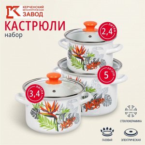 Набор посуды эмалированная сталь, 6 предметов, кастрюли 2.4,3.4,5 л, индукция, Керченский металлургический завод, Рио-5-1-Люкс, белый