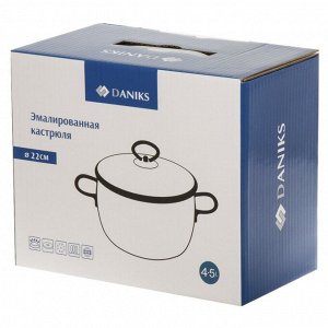 Кастрюля эмалированная сталь, 4.5 л, с крышкой, крышка стекло, Daniks, Белый мрамор, Y4-8965, индукция