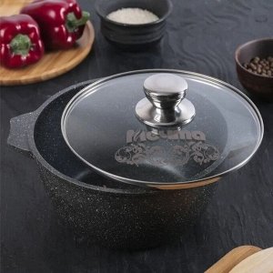 Кастрюля алюминий, антипригарное покрытие, 2 л, с крышкой, крышка стекло, Мечта, Гранит black, 42802