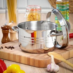 Кастрюля нержавеющая сталь, 3.9 л, крышка стекло, Daniks, Нара, GS-01413HY-20CA-2, серебристая, индукция