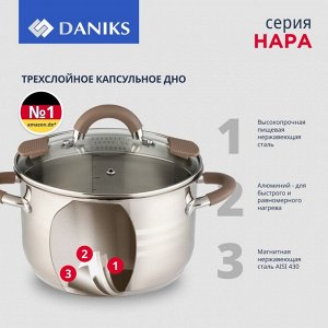 Кастрюля нержавеющая сталь, 2.9 л, с крышкой, крышка стекло, Daniks, Нара, GS-01413HY-18CA-2, серебряная, индукция