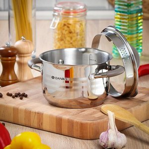 Кастрюля нержавеющая сталь, 2.1 л, с крышкой, крышка стекло, Daniks, Нара, GS-01413HY-16CA-2, серебристая, индукция