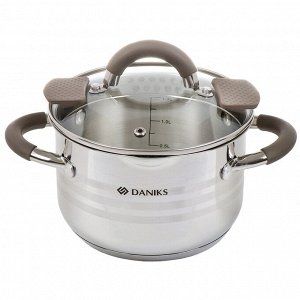 Кастрюля нержавеющая сталь, 2.1 л, с крышкой, крышка стекло, Daniks, Нара, GS-01413HY-16CA-2, серебристая, индукция