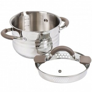 Кастрюля нержавеющая сталь, 2.1 л, с крышкой, крышка стекло, Daniks, Нара, GS-01413HY-16CA-2, серебристая, индукция